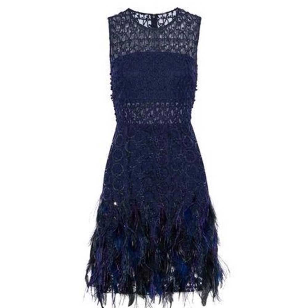 Elie Tahari Annabelle Feather-Trimmed Embellished Gauze Dress Navy Blue 0 - Picture 3 of 9